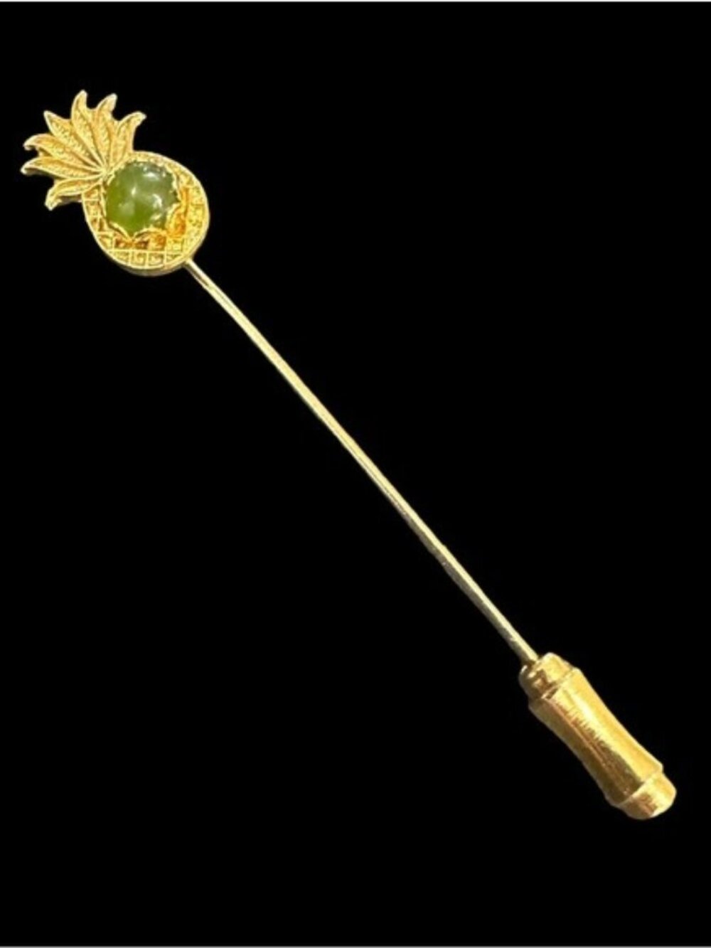 Vintage Pineapple Stick Pin Gold Tone With Green Accent 2.5 Inches Minimalist De